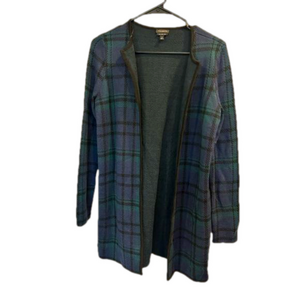 Talbots Classic Tartan Plaid Black Blue Green 100% Pure Merino Wool Cardigan S